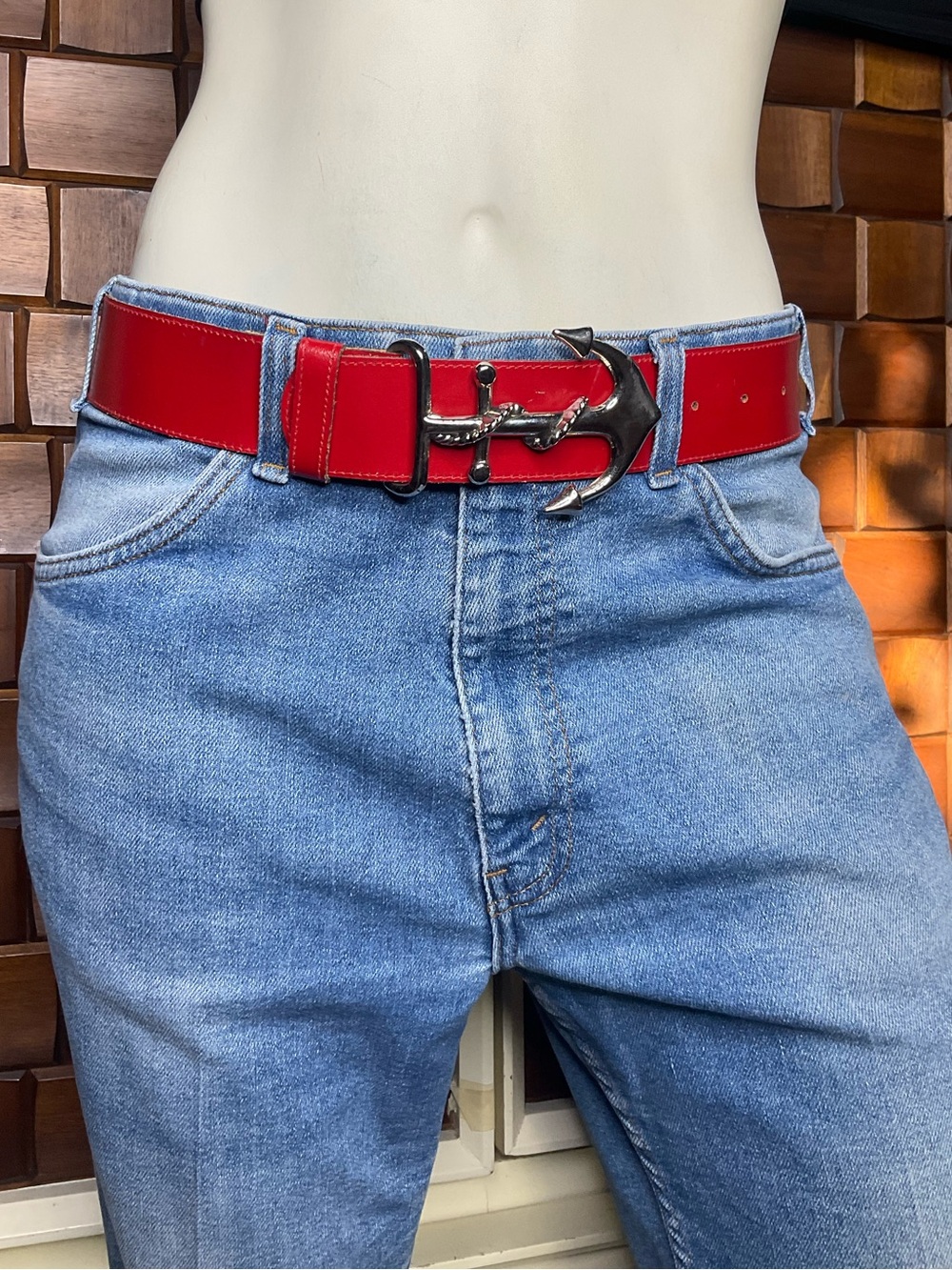 Vintage Nautical red leather anchor belt Sailor Made in USA Size Small Medium